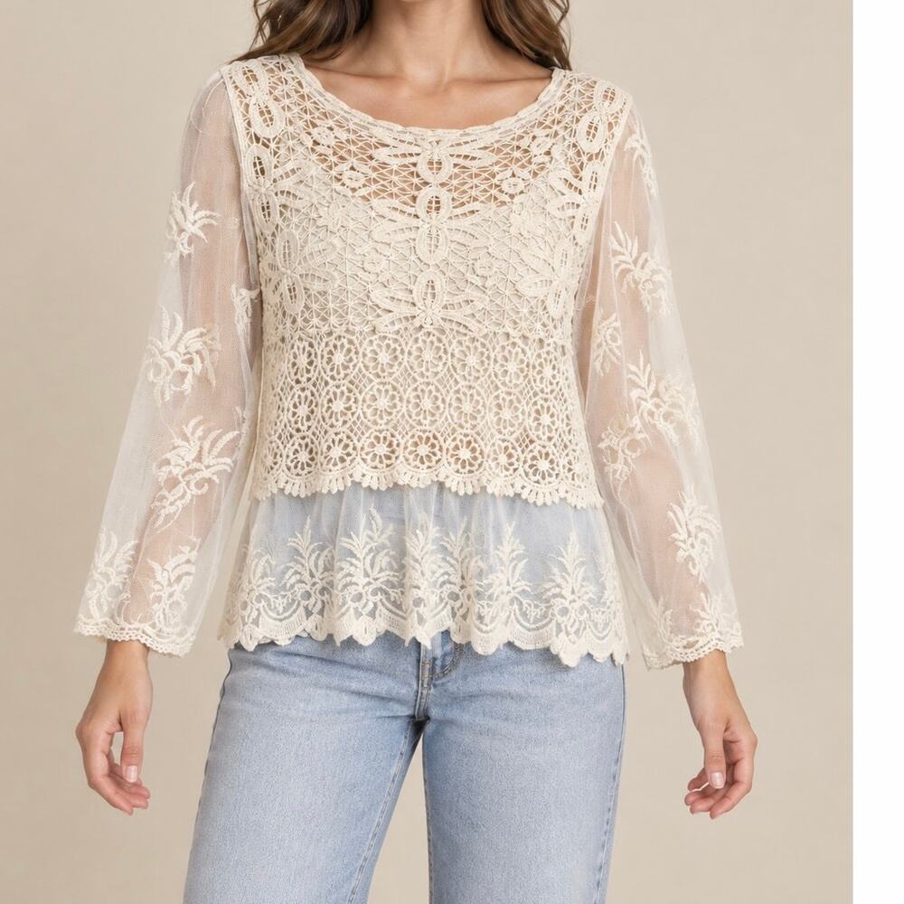 Ivory Crochet Lace Long Sleeve Top Floral Sheer Mesh Boho Hippie Romantic Blouse